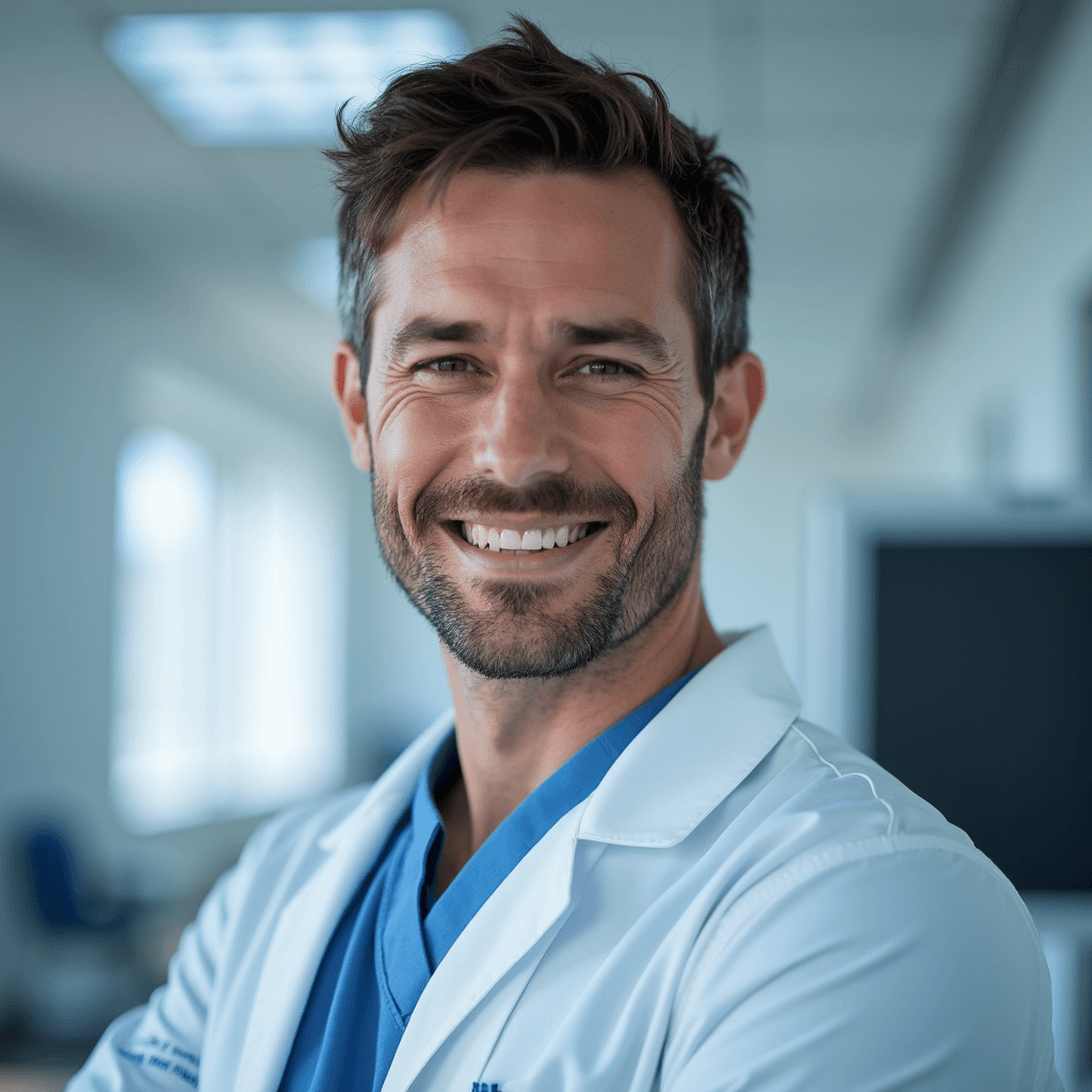 Professional AI headshot with modern clinic setting with medical equipment subtly visible background