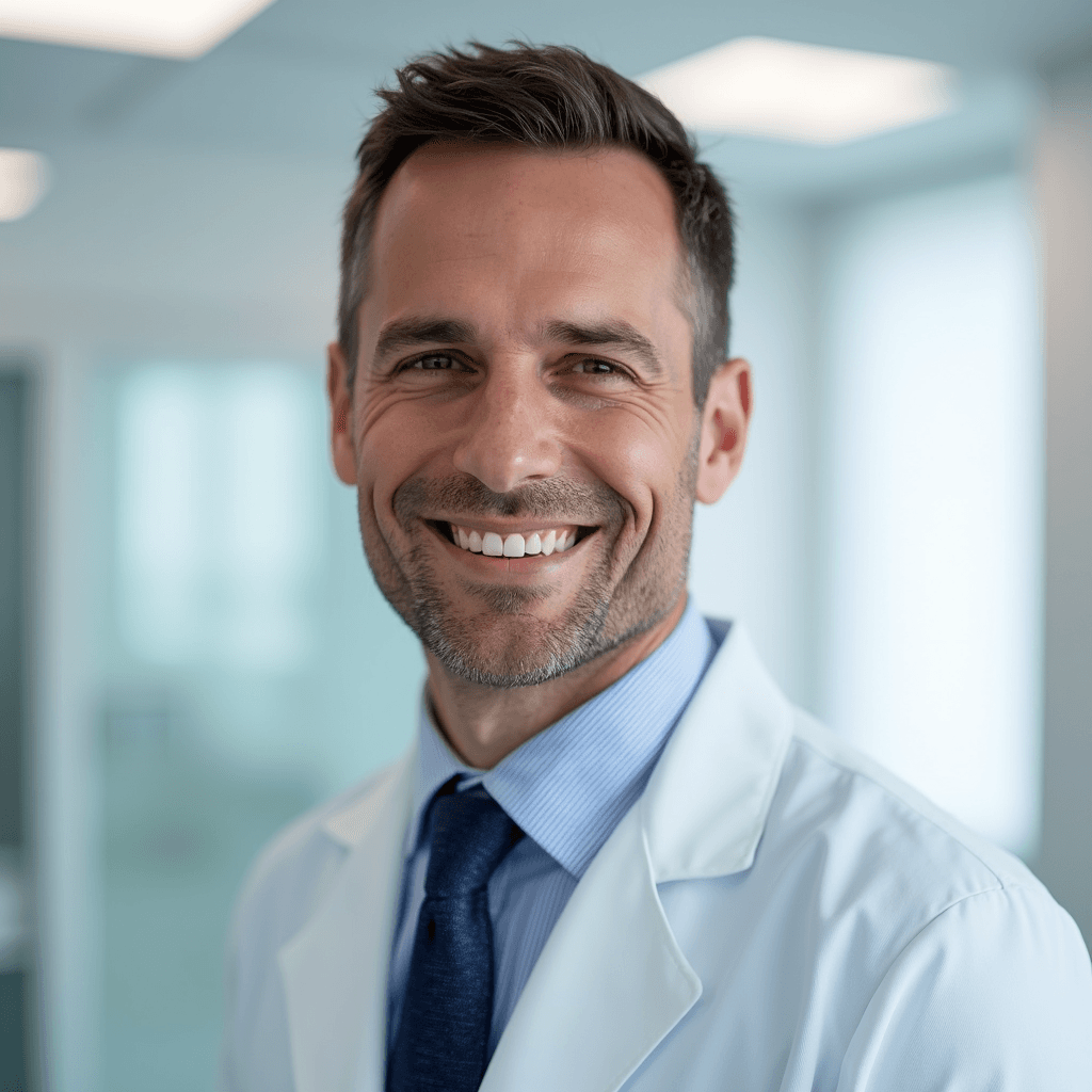 Professional AI headshot with sterile medical office with clean white surfaces background