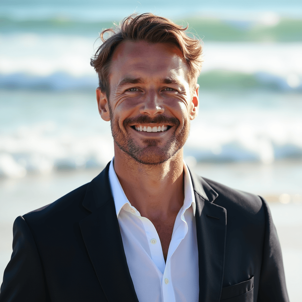 Professional AI headshot with beach setting with soft waves background