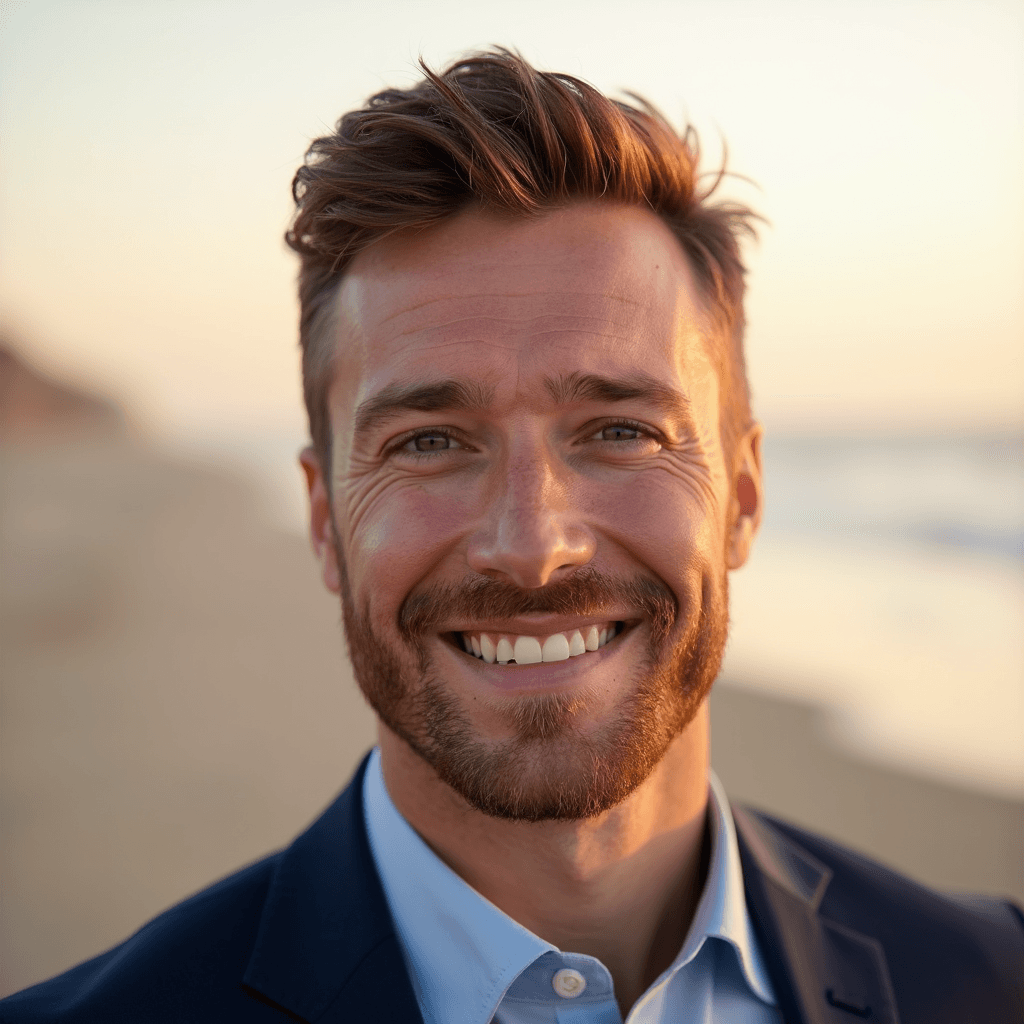 Professional AI headshot with beach sunrise setting background