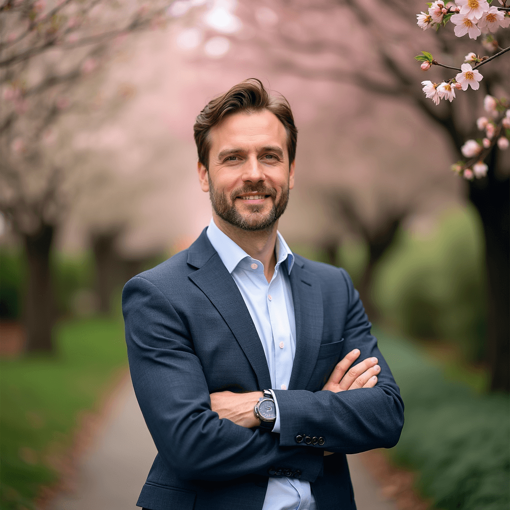 Professional AI headshot with blooming pathway with seasonal flowers background
