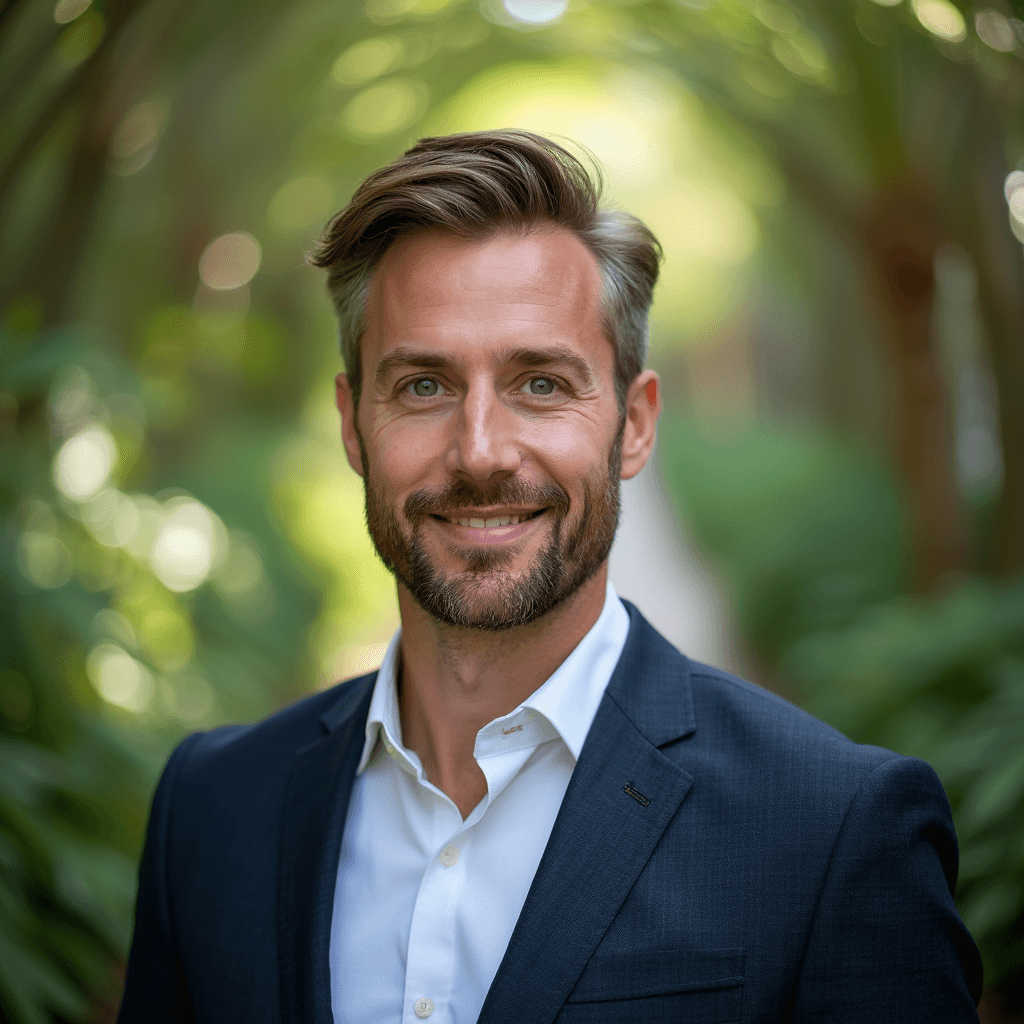 Professional AI headshot with botanical pathway with natural shadows and greenery background