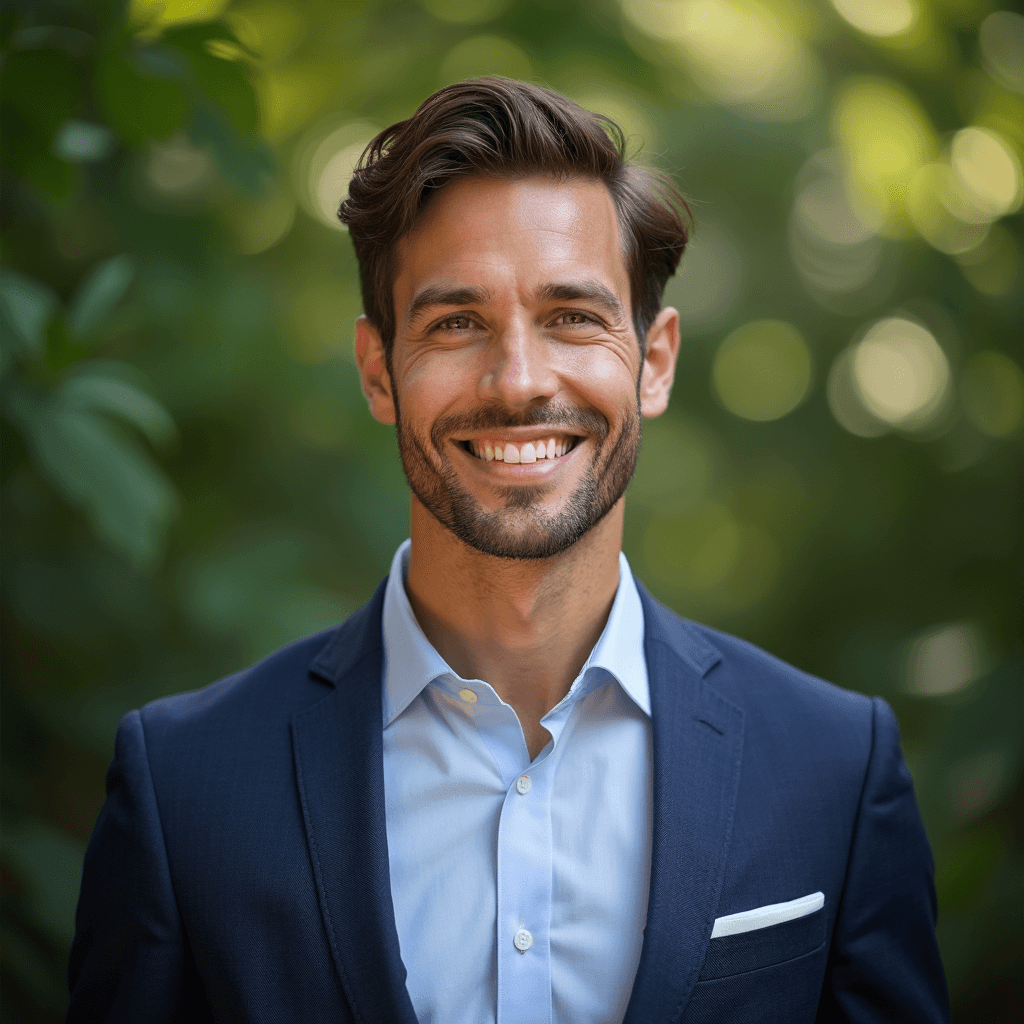 Professional AI headshot with botanical shadows with natural foliage background