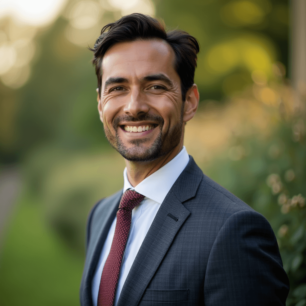 Professional AI headshot with british country house with traditional garden setting background