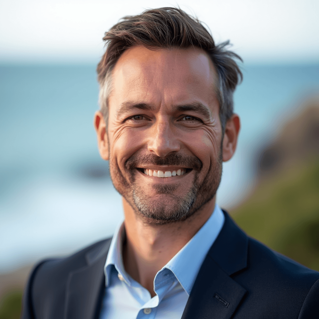 Professional AI headshot with coastal view with ocean horizon in gentle focus background