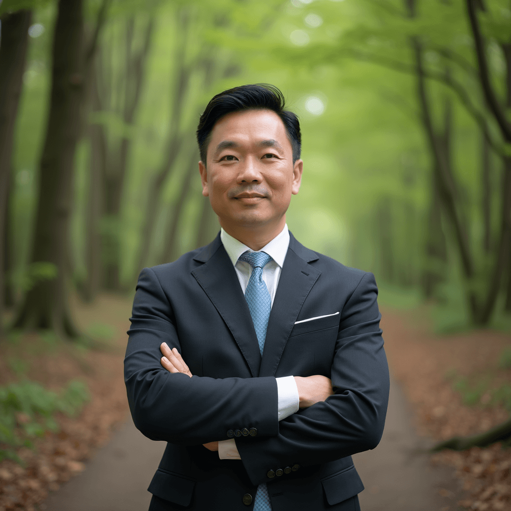 Professional AI headshot with forest pathway with woodland atmosphere background