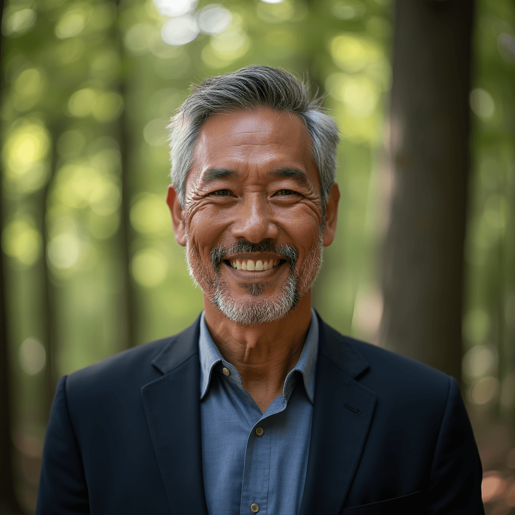Professional AI headshot with forest setting with natural tree coverage background