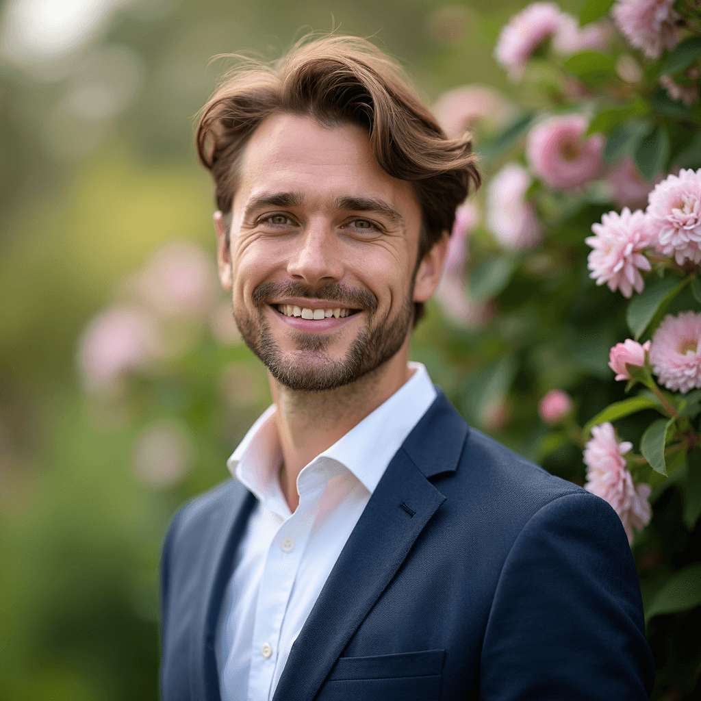 Professional AI headshot with garden setting with blooming flowers background