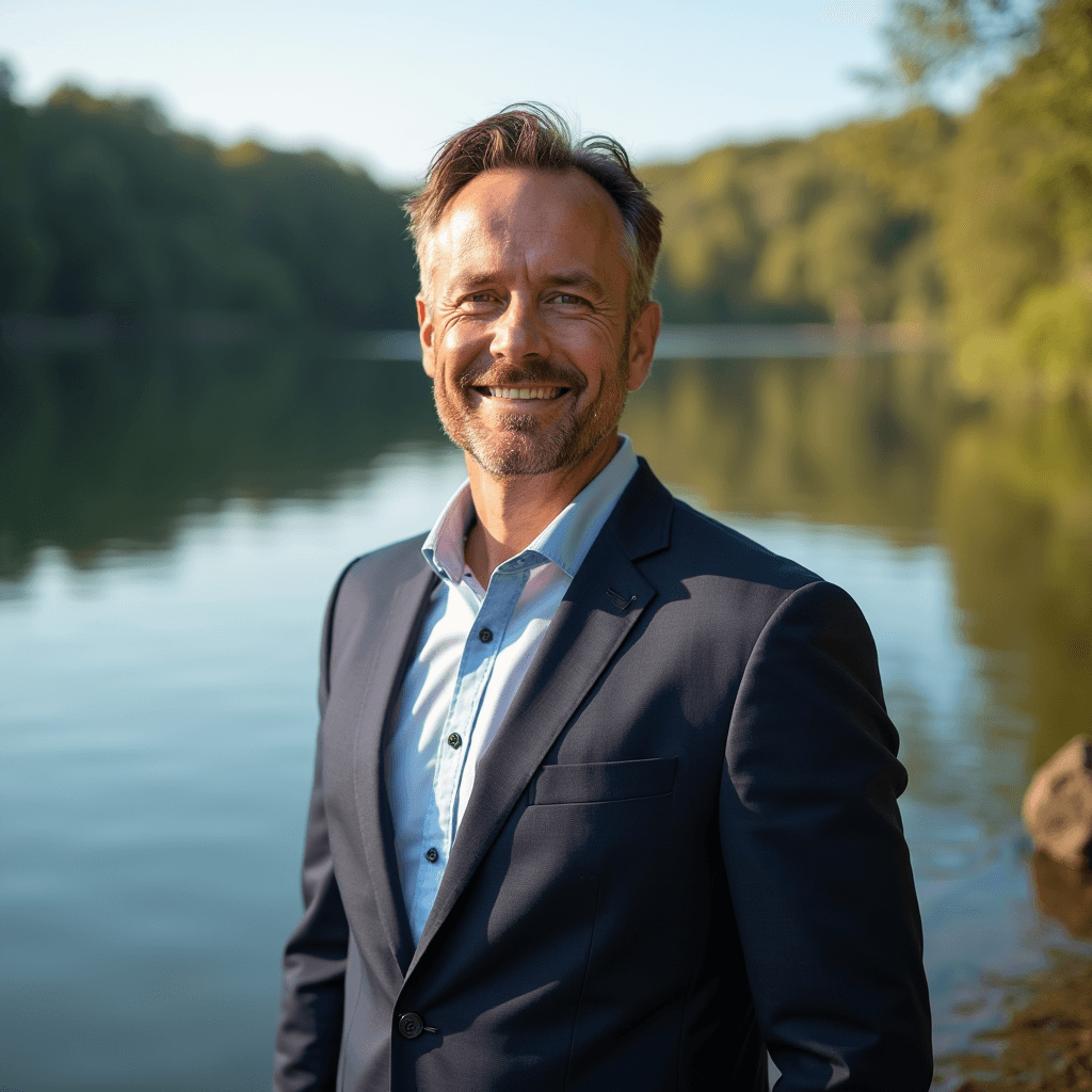 Professional AI headshot with lake setting with calm water and natural surroundings background