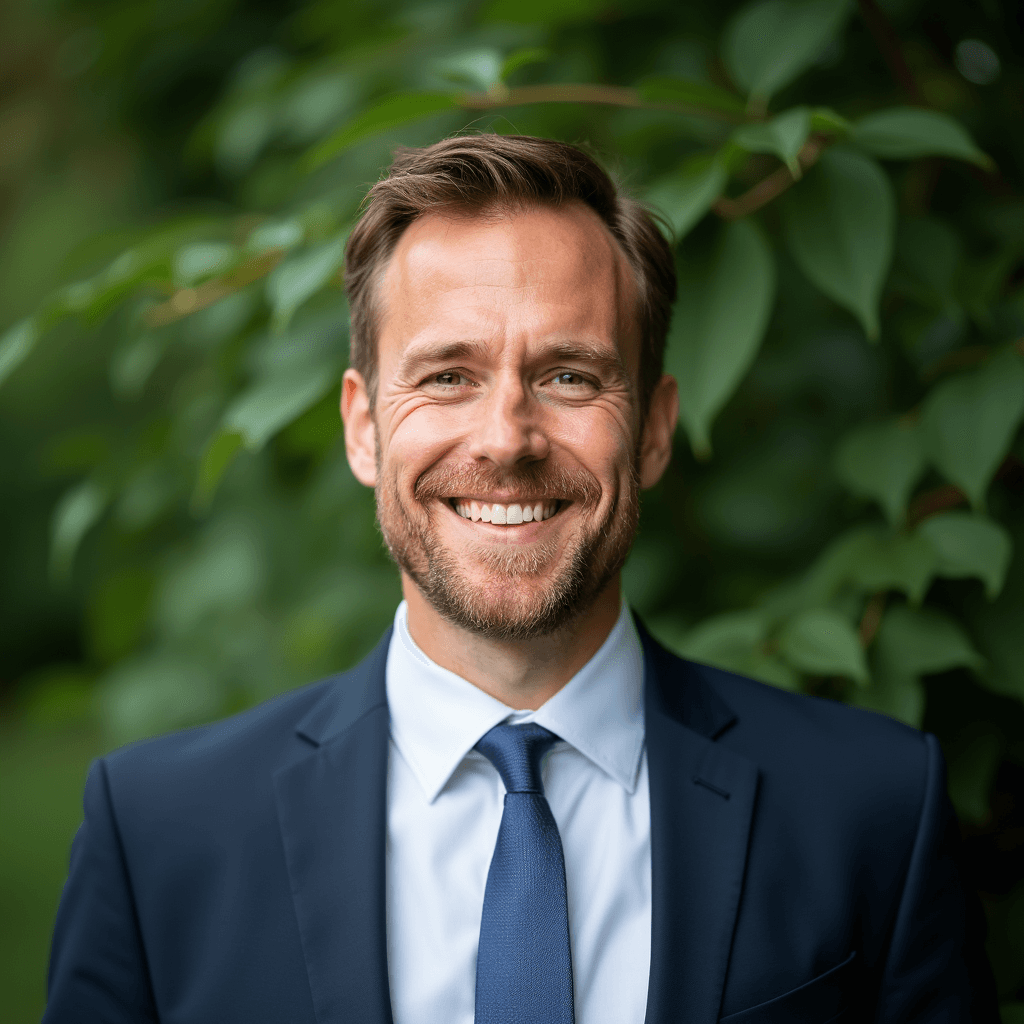 Professional AI headshot with lush greenery with dense foliage softly blurred background