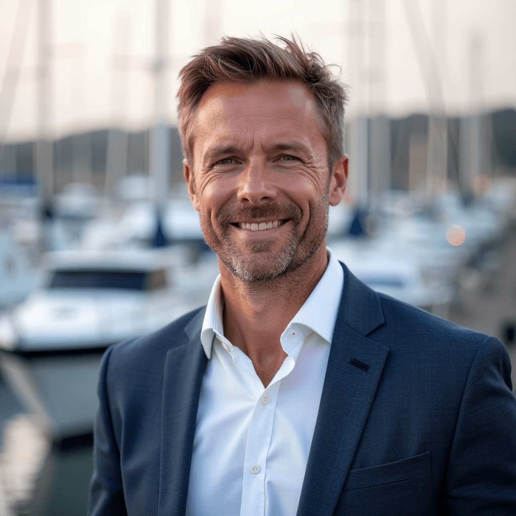 Professional AI headshot with marina with boats and waterfront atmosphere background