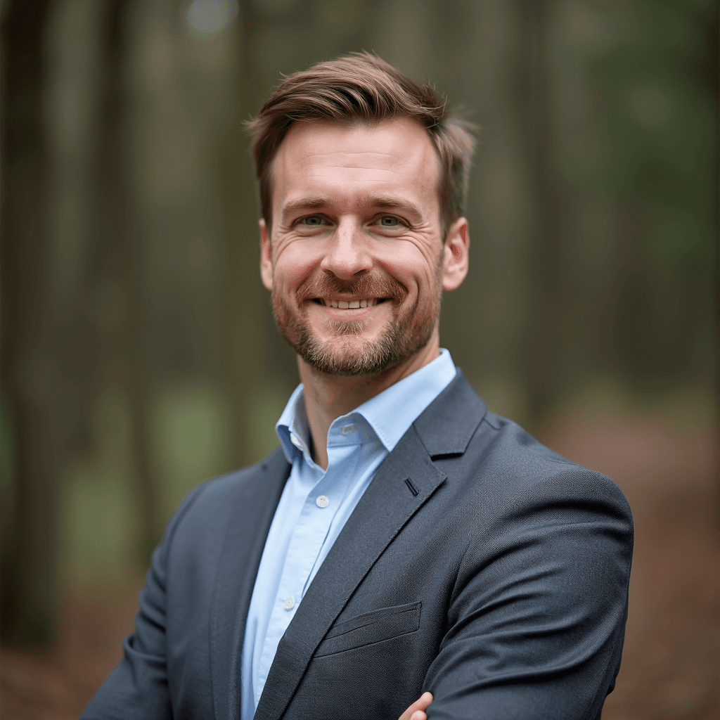 Professional AI headshot with muted nature setting with subtle earth tones background