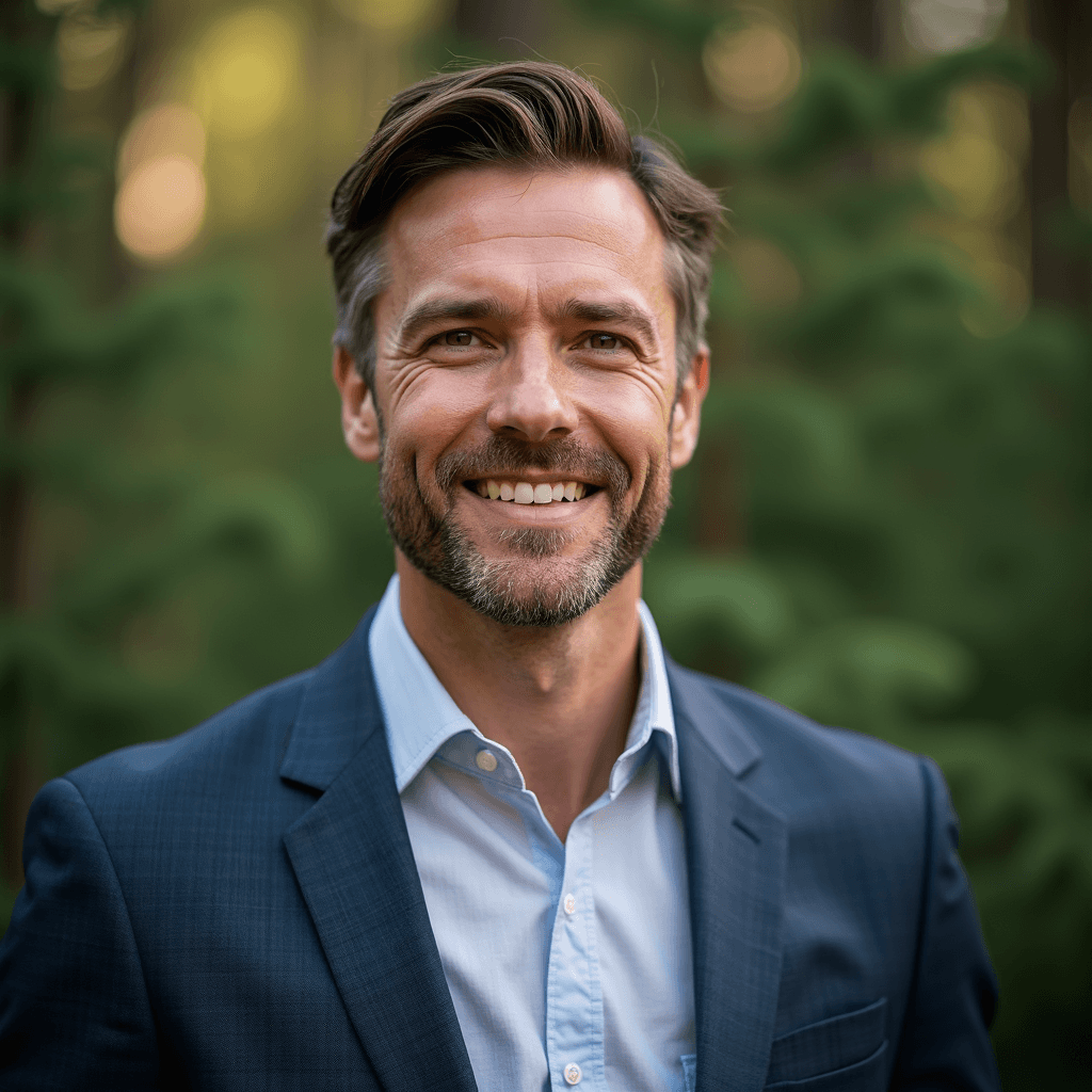 Professional AI headshot with pine home with evergreen forest backdrop background