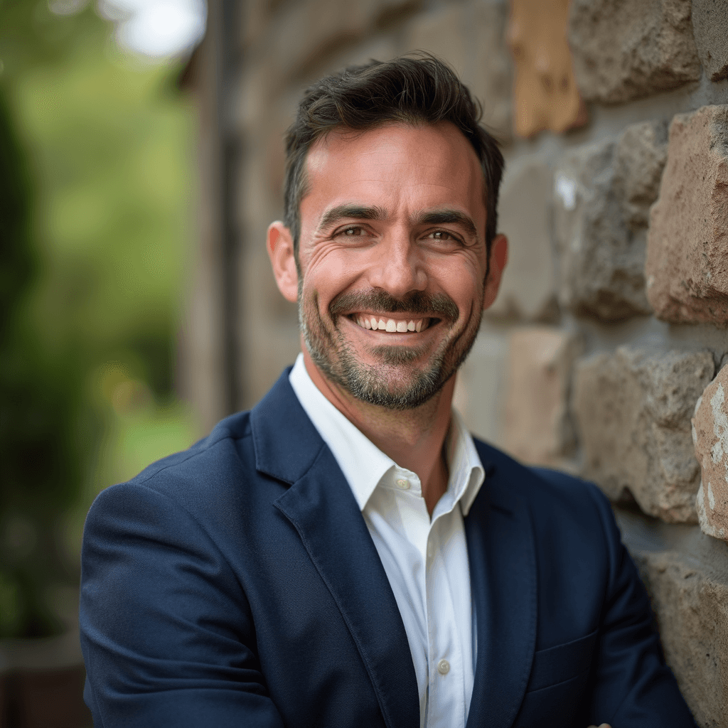 Professional AI headshot with stone barrier with rustic outdoor charm background