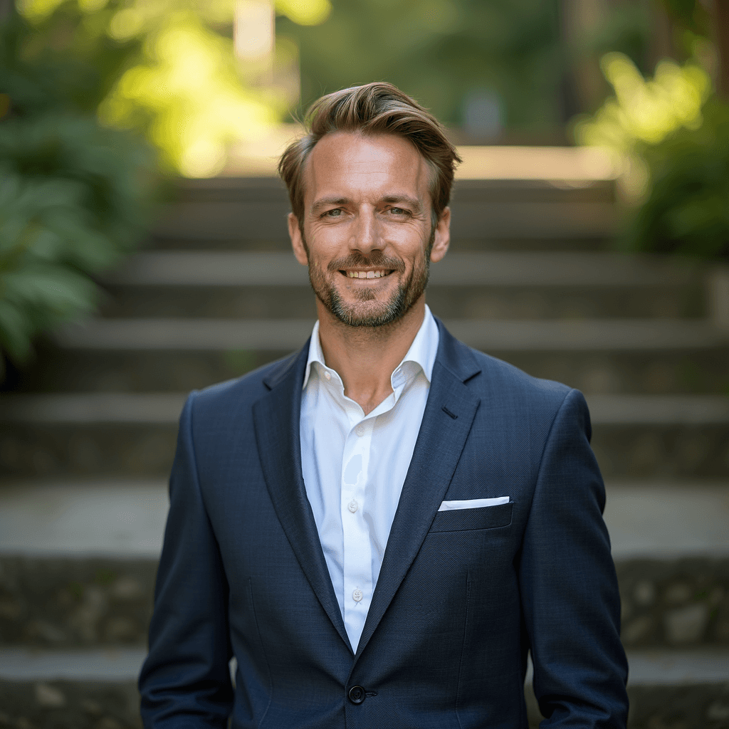 Professional AI headshot with stone steps in natural garden setting background