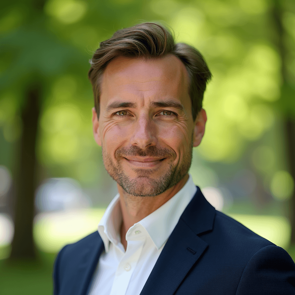 Professional AI headshot with sunlit park with lush greenery softly blurred background