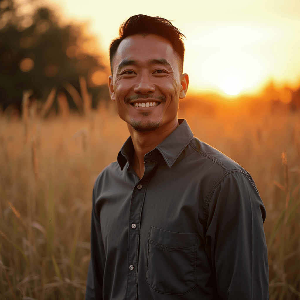 Professional AI headshot with sunset backdrop with warm atmosphere background