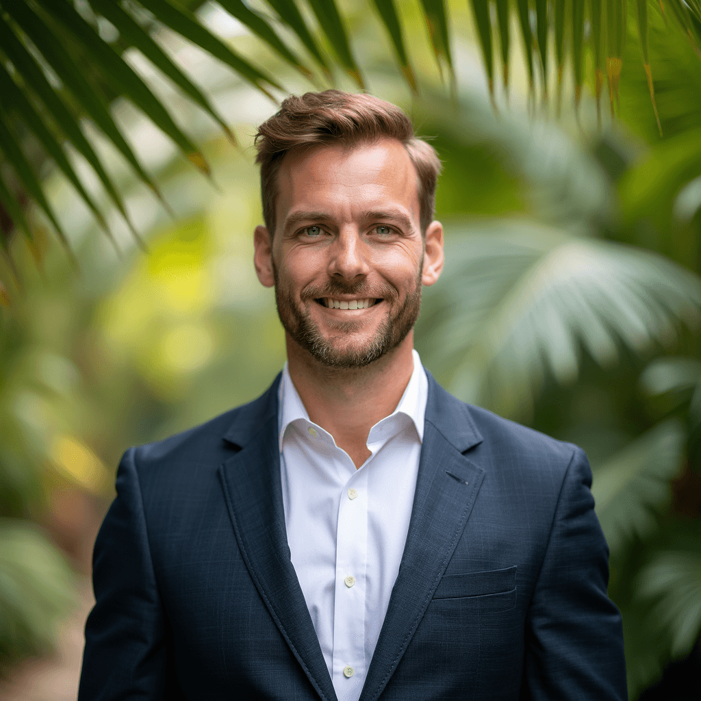 Professional AI headshot with tropical oasis with palm fronds softly blurred background