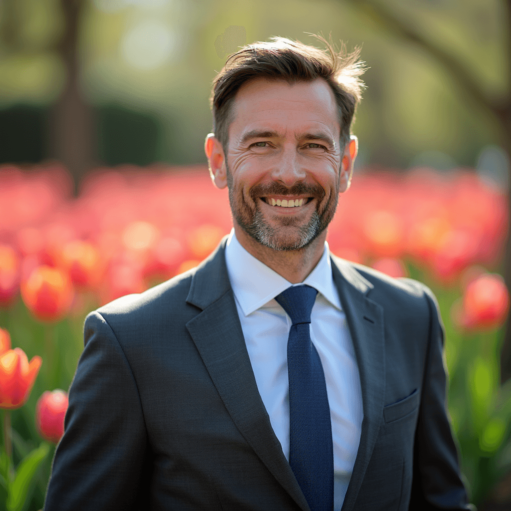 Professional AI headshot with tulip garden with spring flowers in background background
