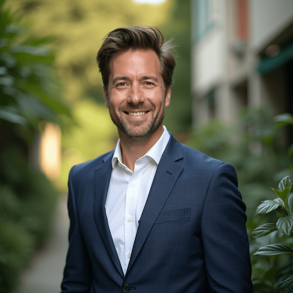 Professional AI headshot with urban garden with city greenery and plants background