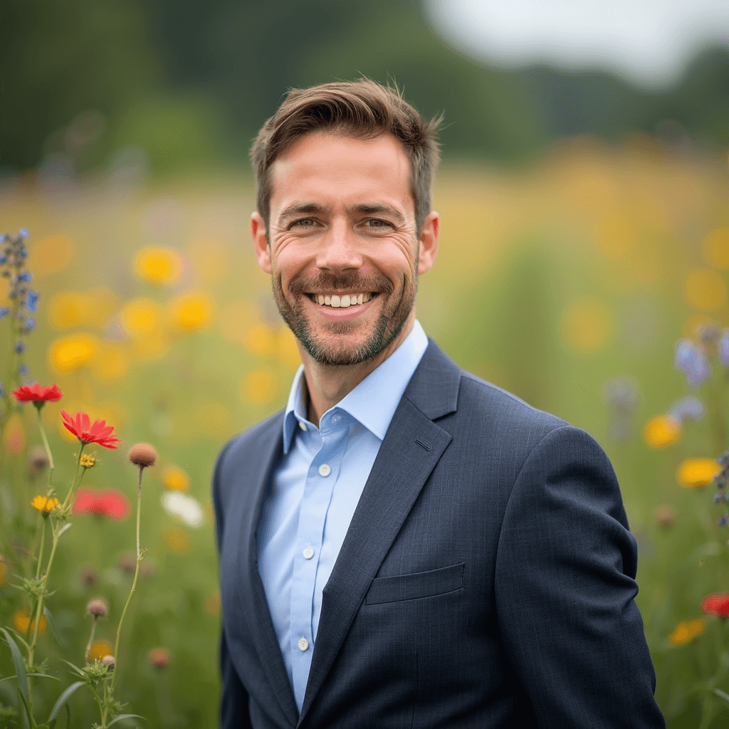 Professional AI headshot with wildflower field with colorful blooms gently blurred background