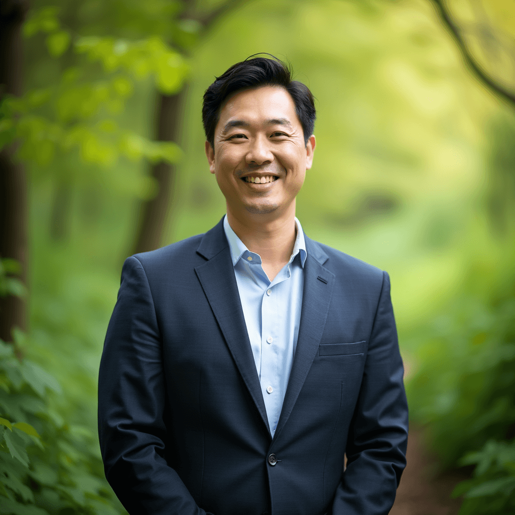 Professional AI headshot with wooded area with vibrant green foliage in soft focus background