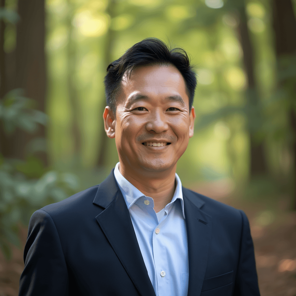 Professional AI headshot with woods with natural forest atmosphere background