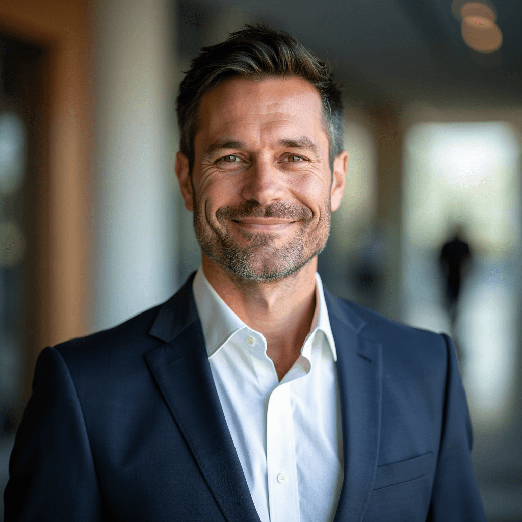 Professional AI headshot with corporate headquarters lobby background