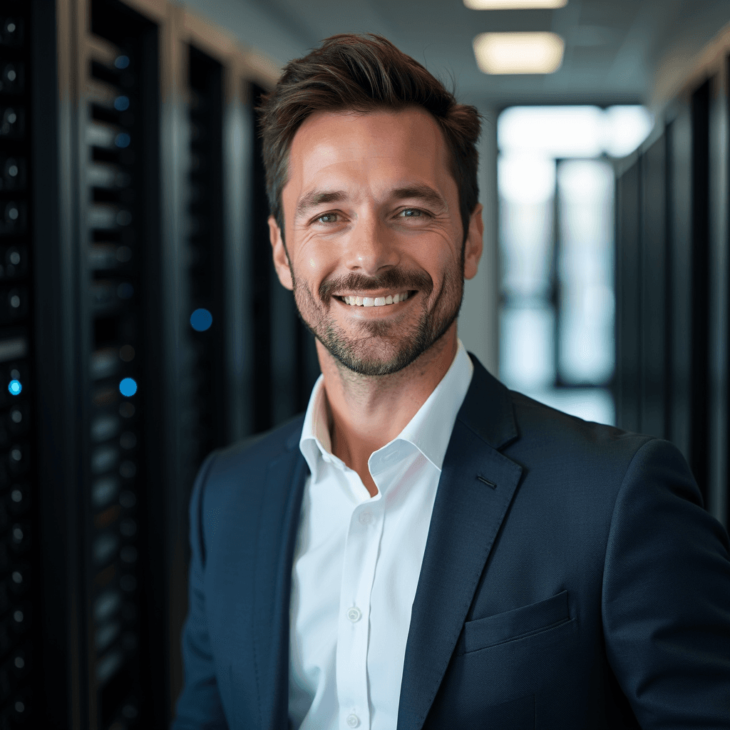 Professional AI headshot with data center with server racks background