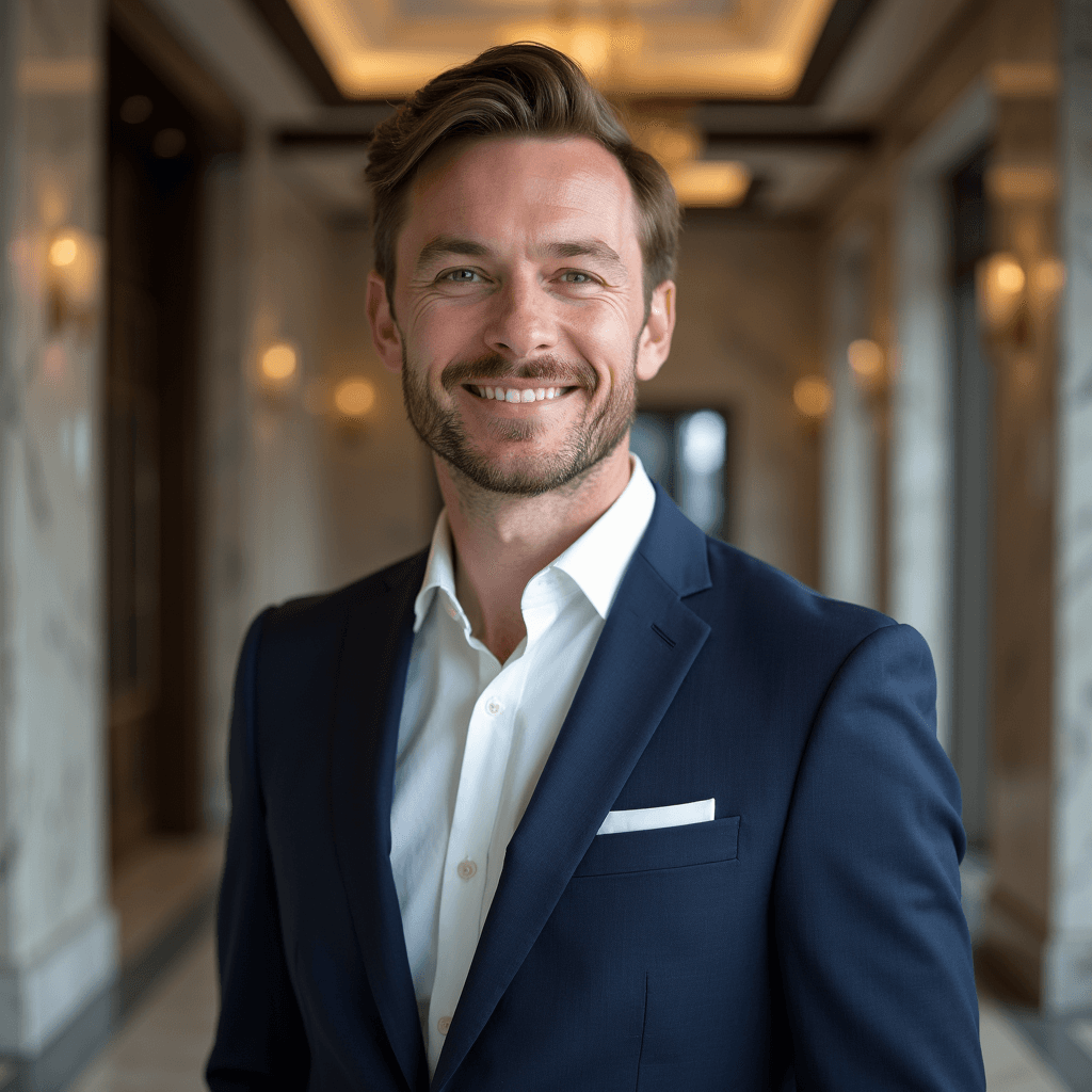 Professional AI headshot with executive office with marble lobby entrance background