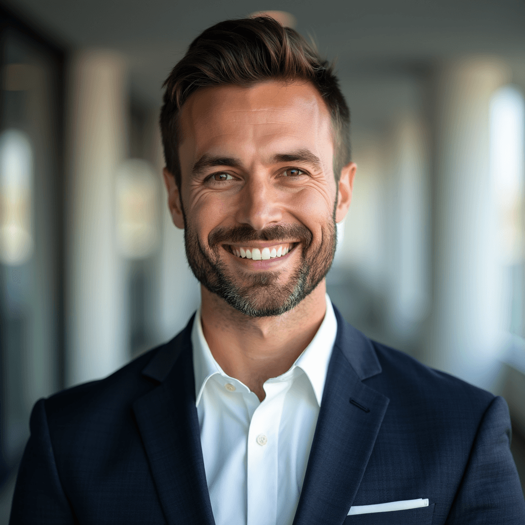 Professional AI headshot with minimalistic modern office interior background