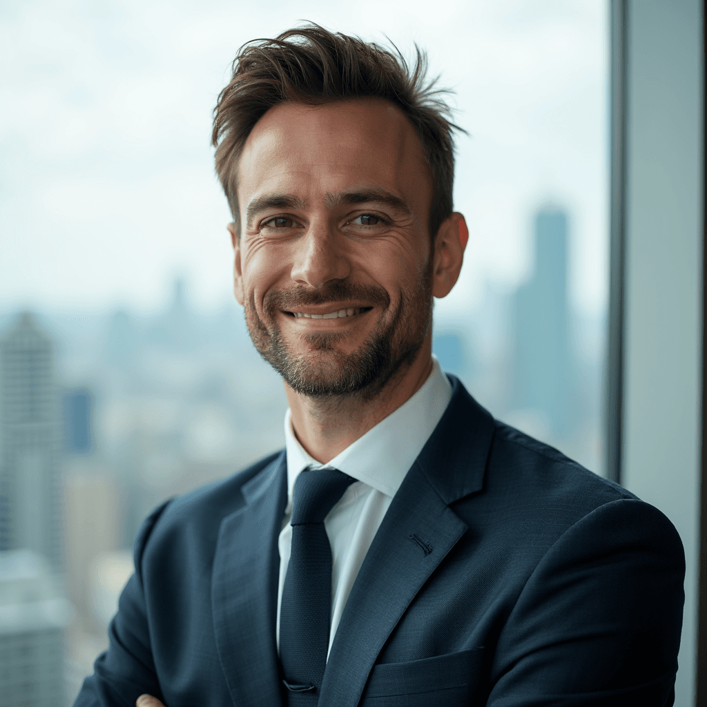 Professional AI headshot with modern high-rise office with a blurred city skyline background