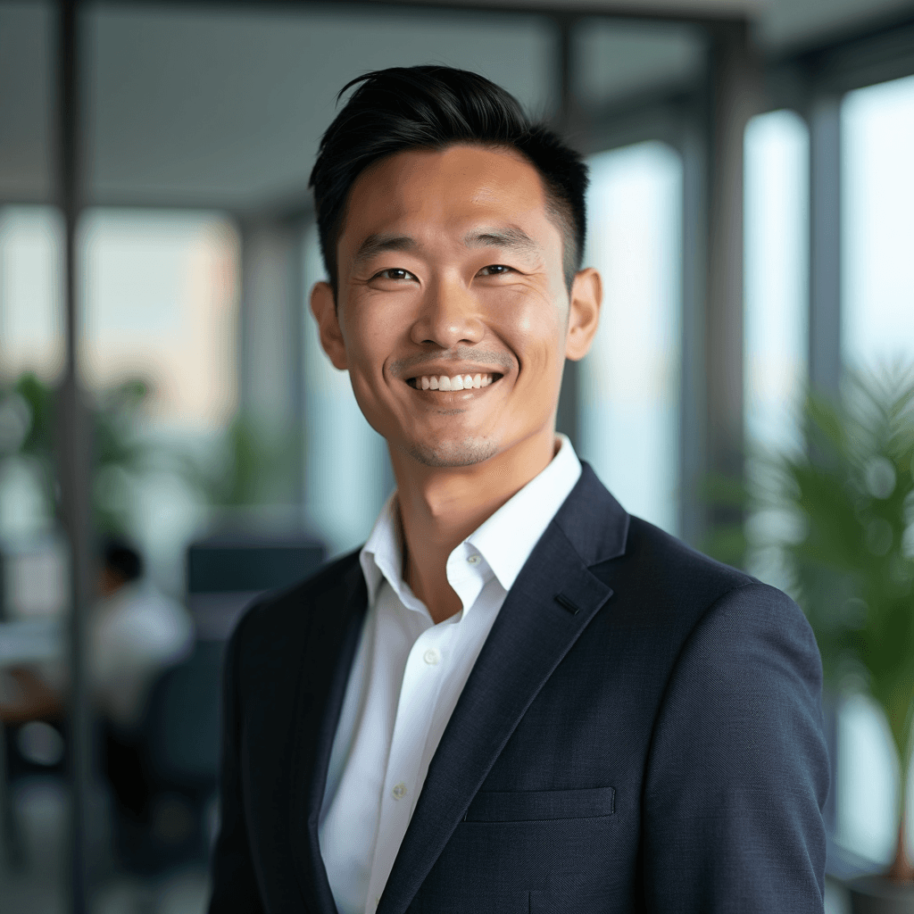 Professional AI headshot with modern office with floor-to-ceiling windows, a blurred desk, and indoor potted plants background