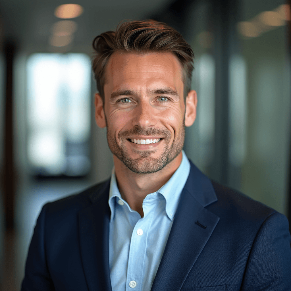 Professional AI headshot with nyc skyline office background