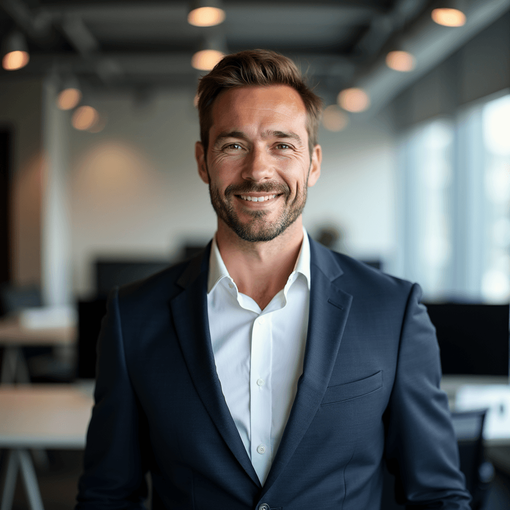 Professional AI headshot with office workspace with modern furniture background