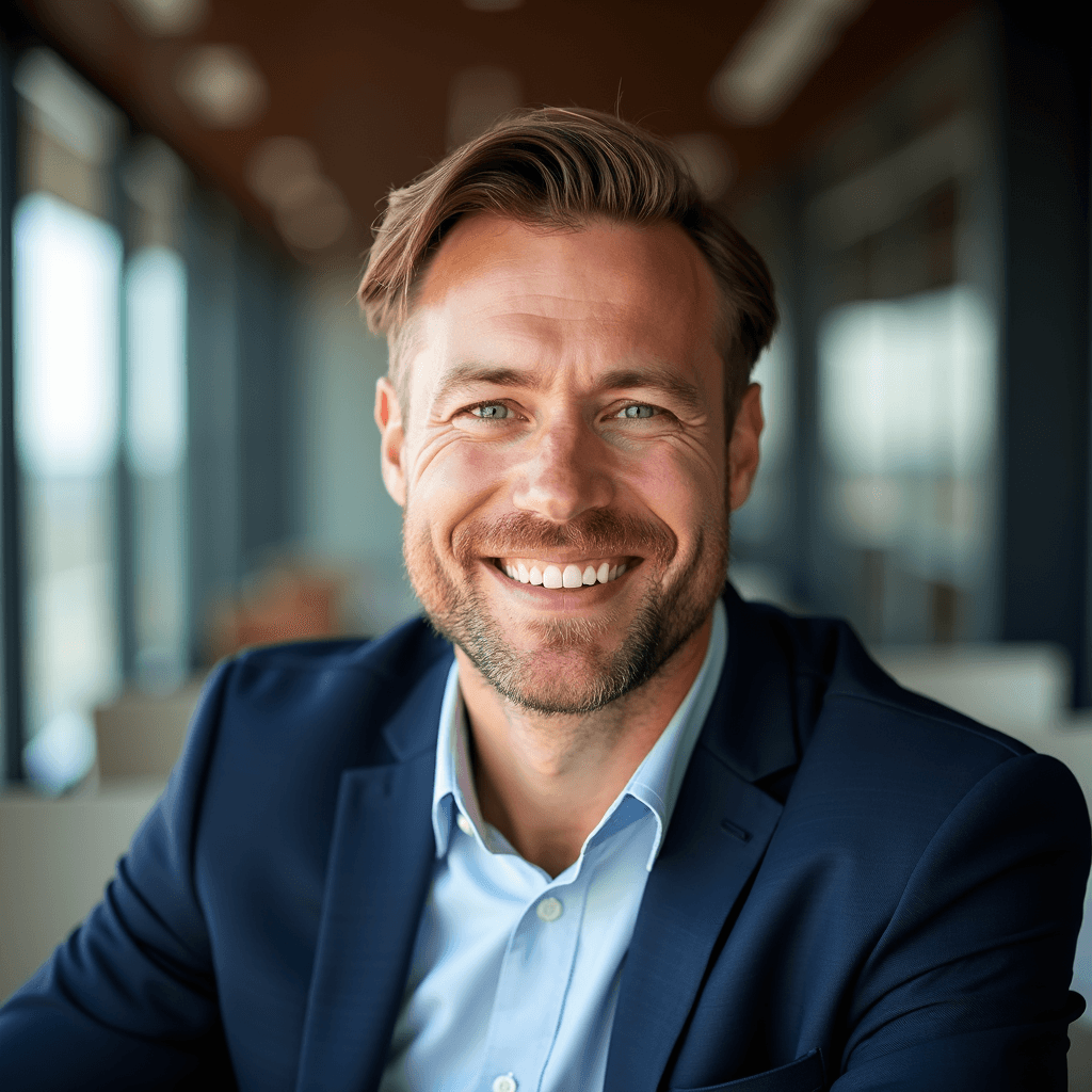 Professional AI headshot with professional conference room with presentation stage background