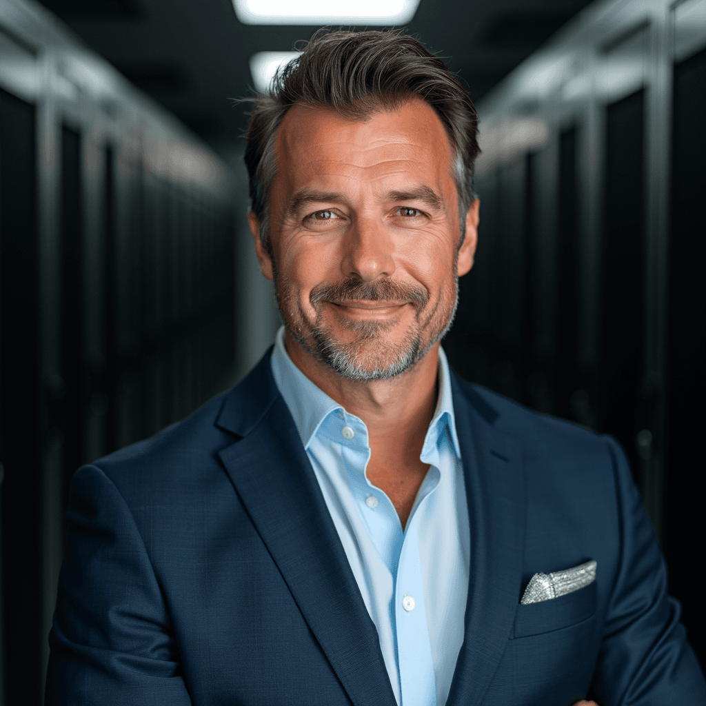 Professional AI headshot with server room with technology equipment background