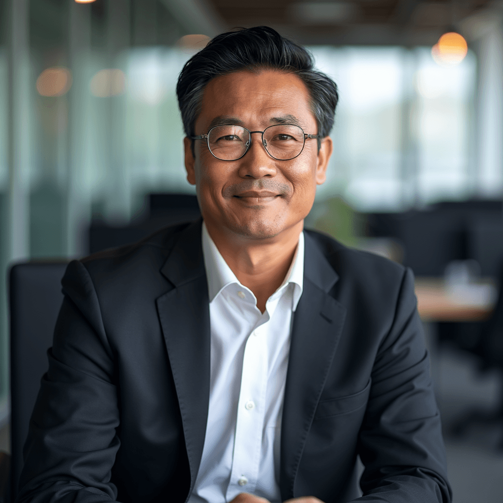 Professional AI headshot with sleek office environment with computer screens background