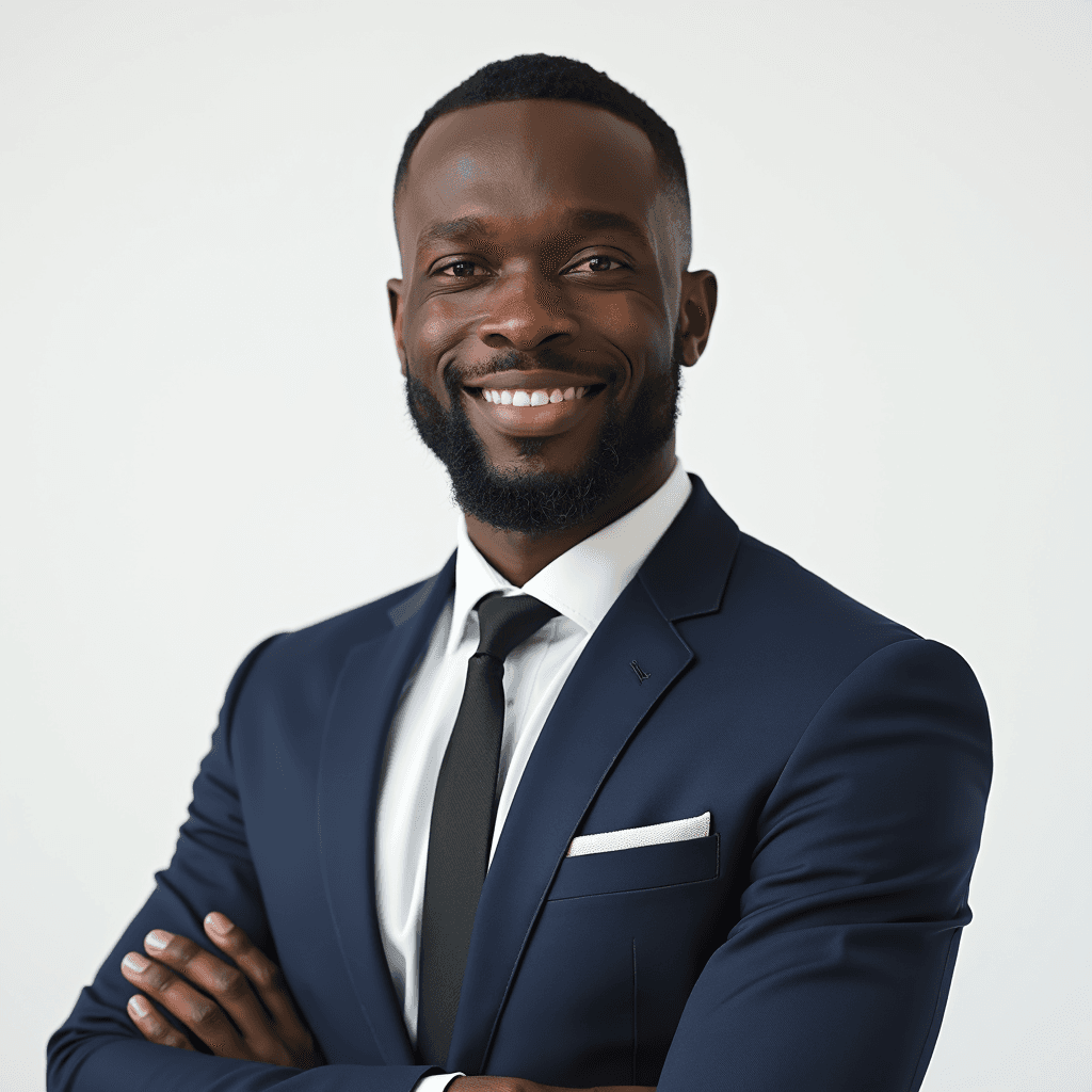 Professional AI headshot with plain solid cool white background