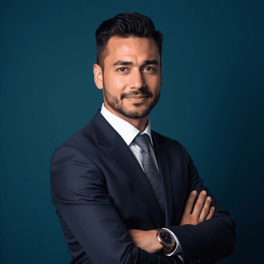 Professional AI headshot with plain solid deep blue professional background