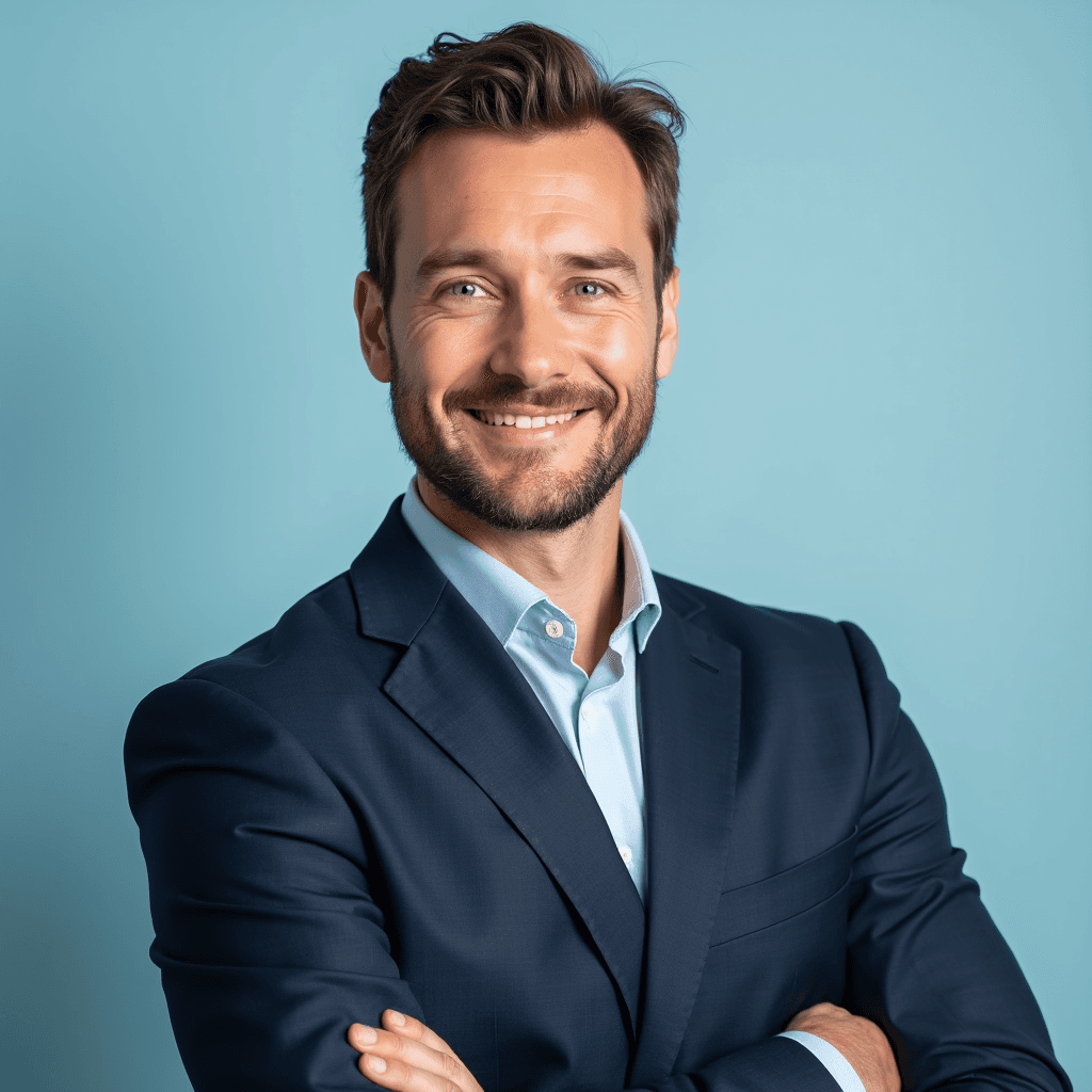 Professional AI headshot with plain solid light blue background