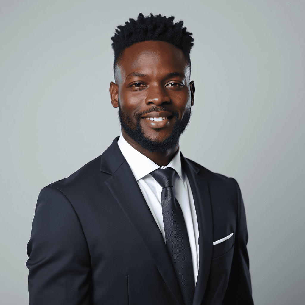 Professional AI headshot with plain solid light gray background