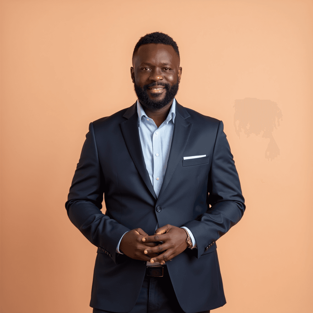 Professional AI headshot with plain solid light peach background