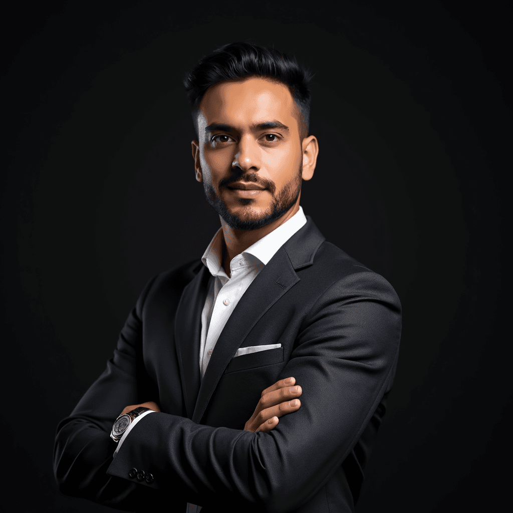 Professional AI headshot with plain solid matte black background