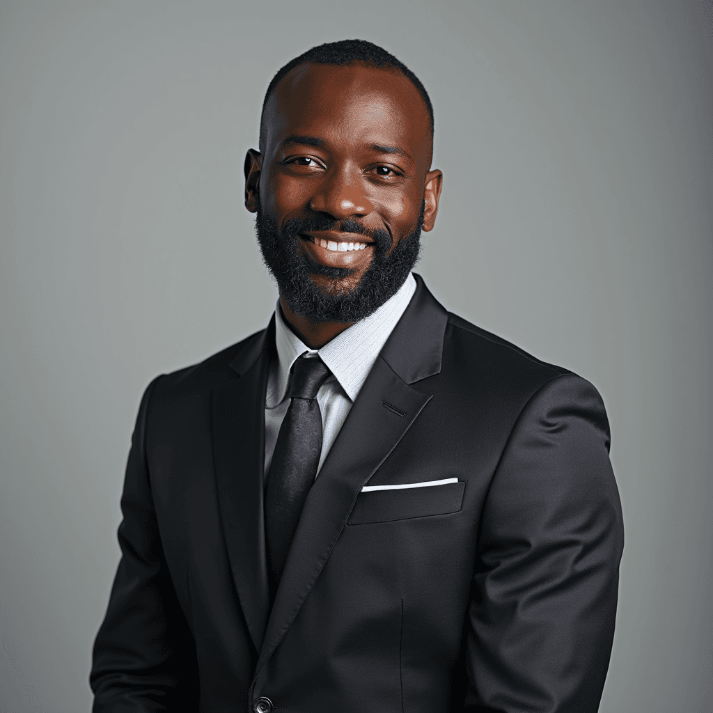 Professional AI headshot with plain solid medium gray background