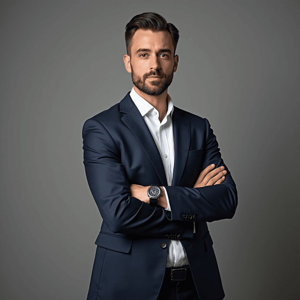 Professional AI headshot with plain solid mushroom gray background