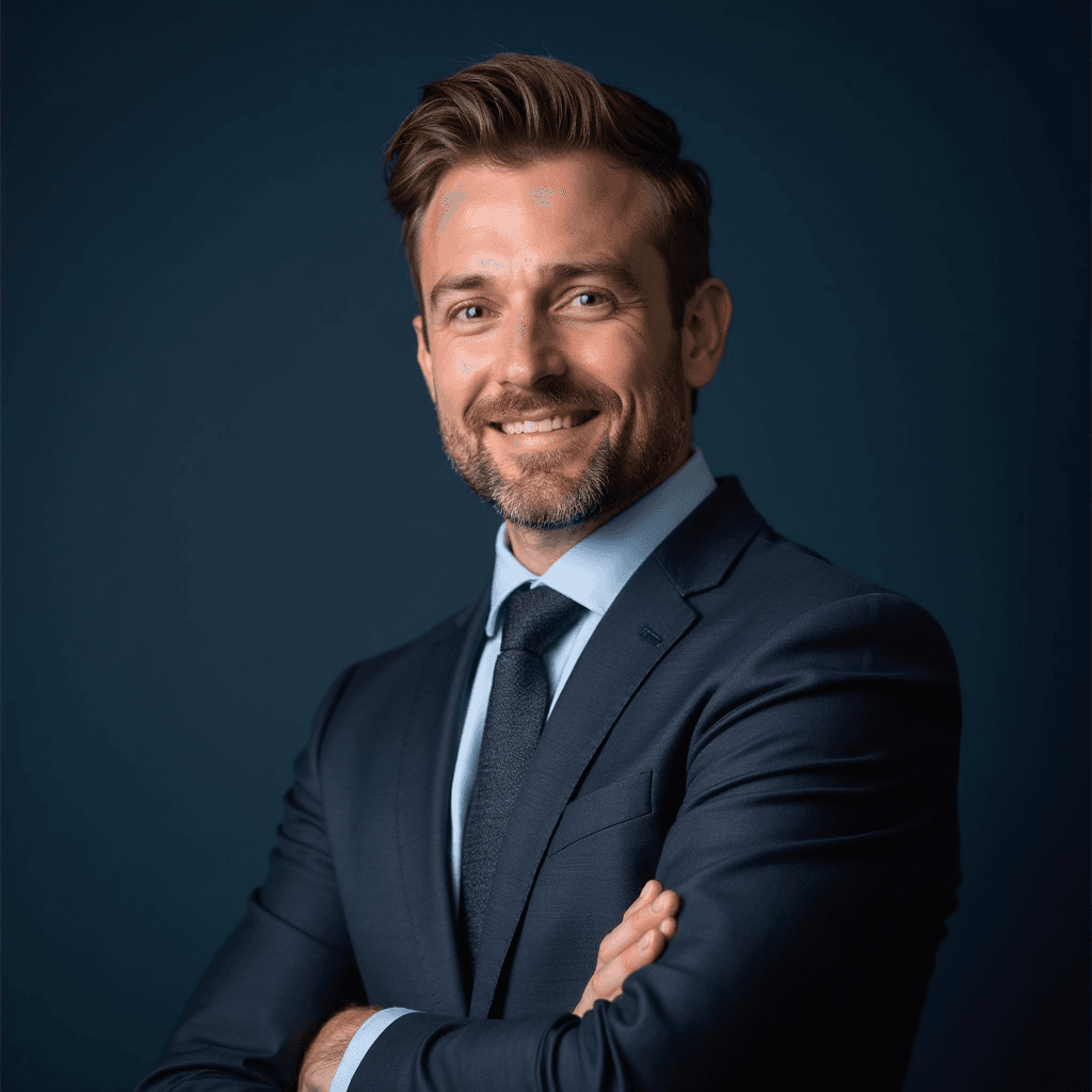 Professional AI headshot with plain solid navy blue background