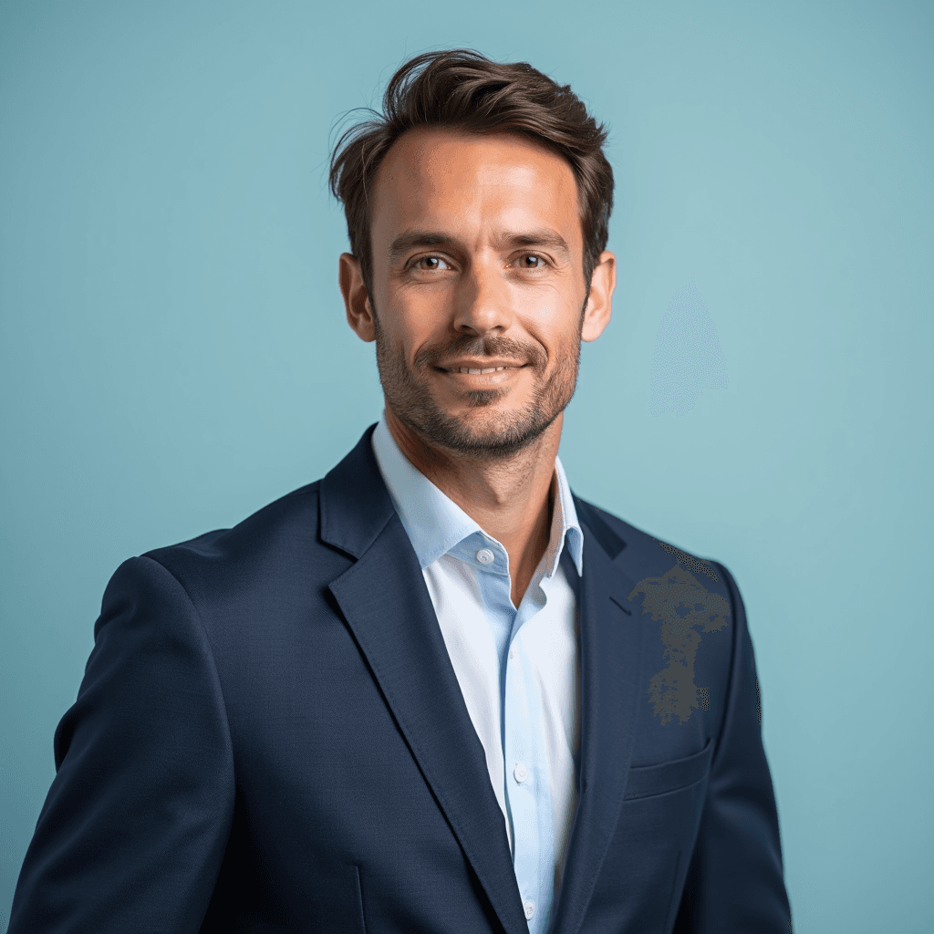 Professional AI headshot with plain solid pastel blue background