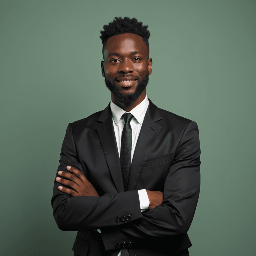 Professional AI headshot with plain solid sage green background