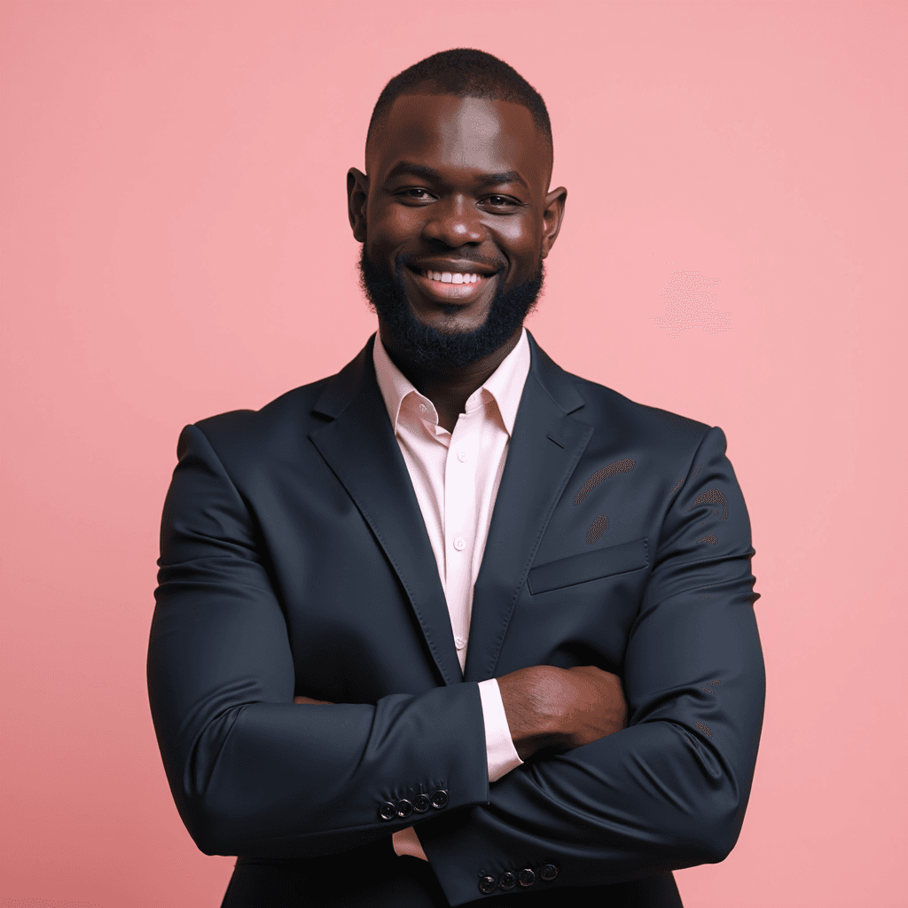 Professional AI headshot with plain solid soft pink background